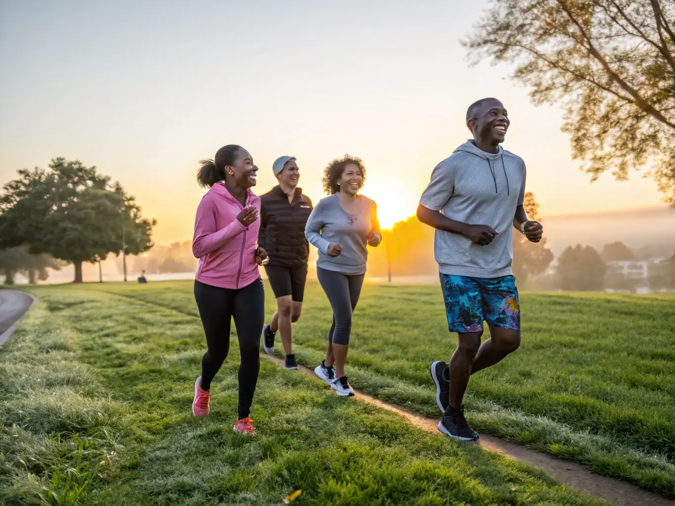 A group of runners participating in a morning training session in a park, focusing on endurance and stamina building.