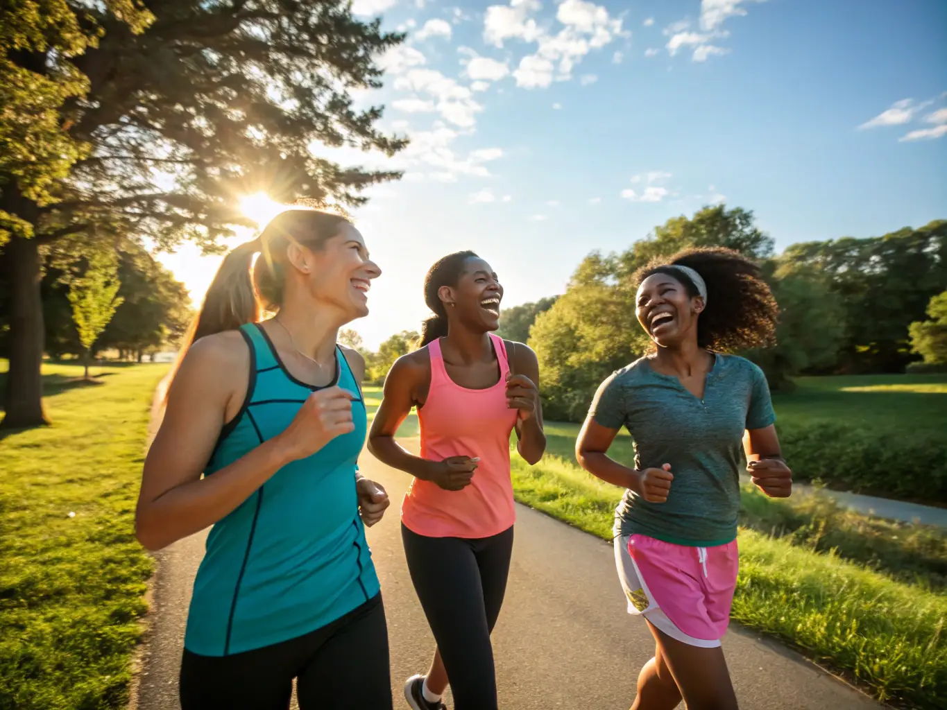 A group of runners from Volx en Courses are running together on a sunny morning, showcasing the community aspect and the joy of running together.