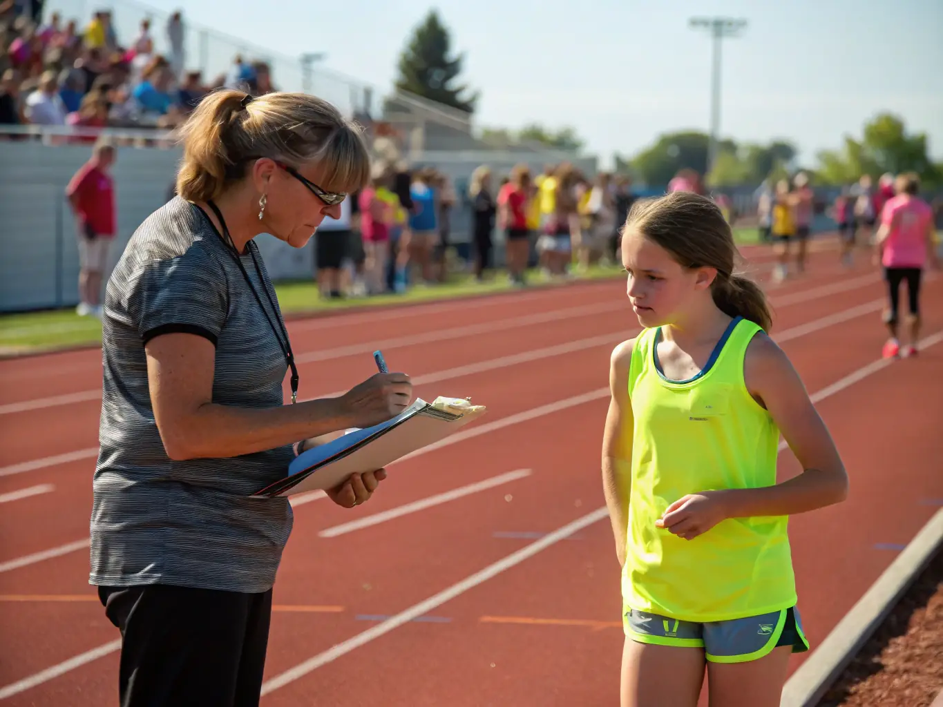 A coach from Volx en Courses is providing personalized training advice to a runner, highlighting the structured training programs available.