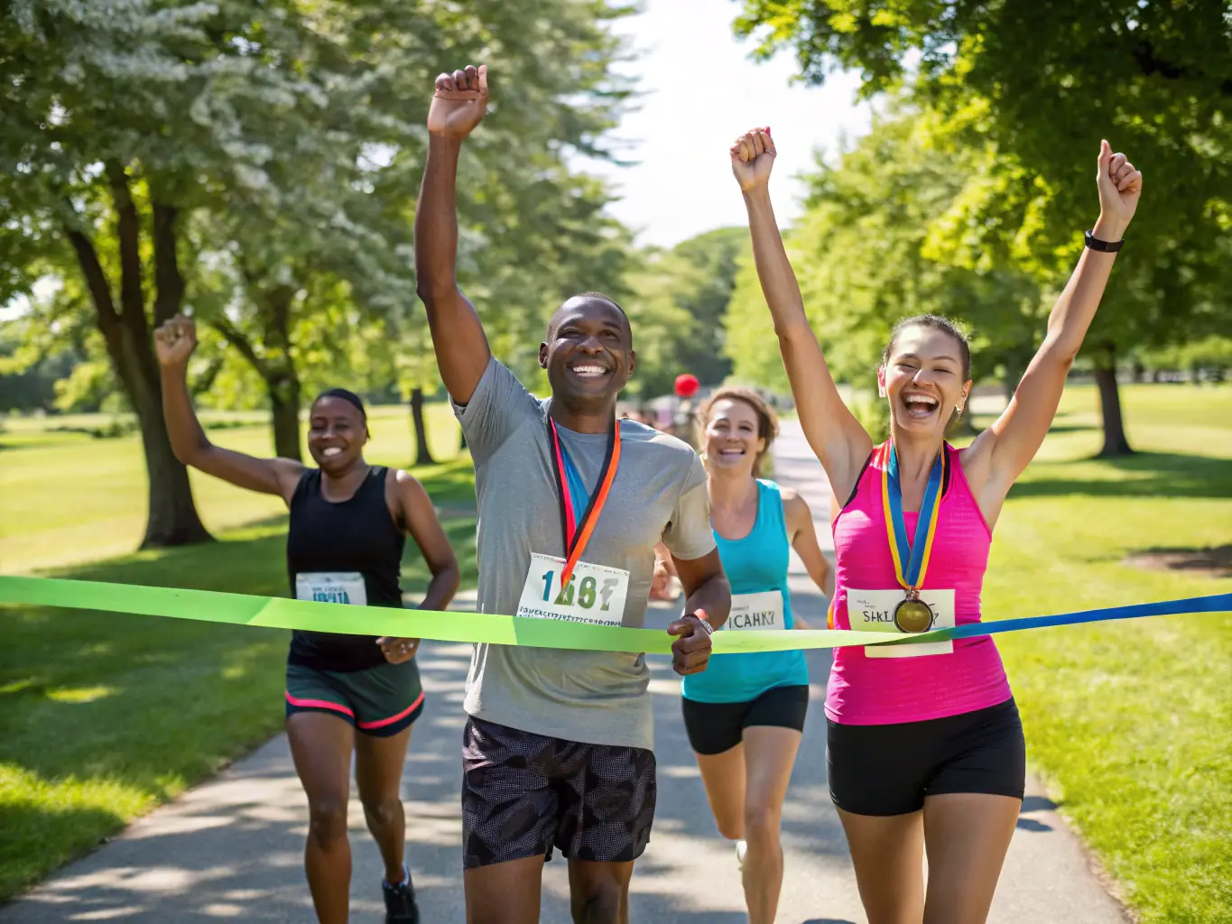 A photograph capturing the excitement of a local 5k race organized by VOLX EN COURSES, showing runners crossing the finish line.