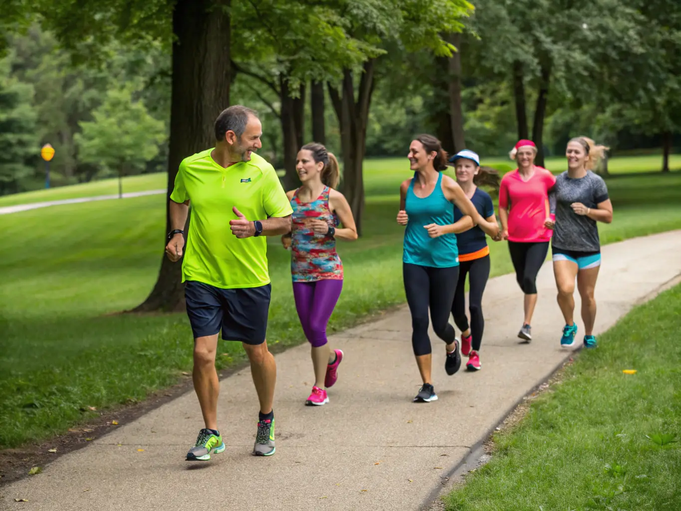 A group of beginner runners learning proper running techniques and form from a coach.