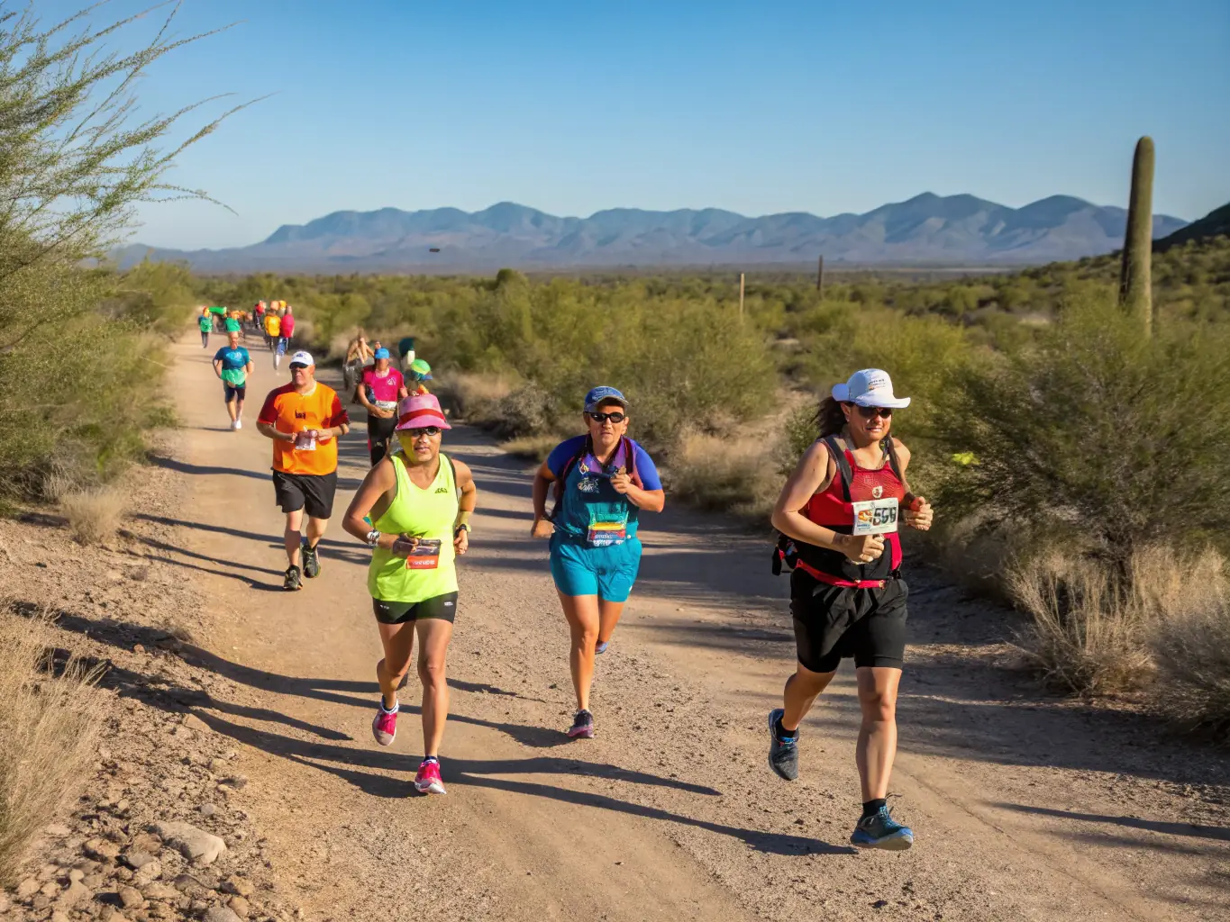 A group of runners of varying ages and abilities participating in a morning training session on a trail, with a coach providing guidance.